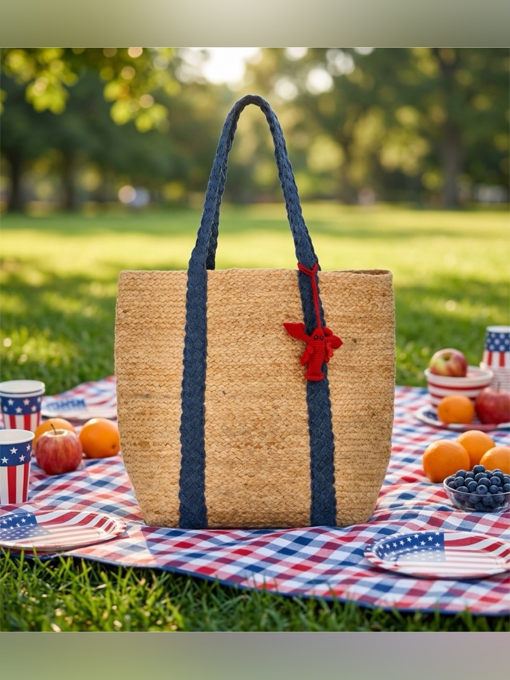 No Boundaries Jute Tote Bag Denim‎ Yarrow with Navy Straps & Lobster Tassel-NWT
